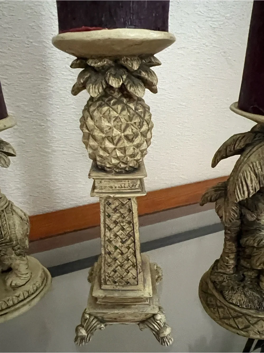 Pier 1 Burgundy Pillar Candles with Antique Ivory Decorative Holders